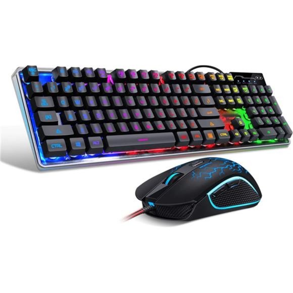 Gaming Keyboard and Mouse Combo, K1 LED Rainbow Backlit Keyboard with 104 Key